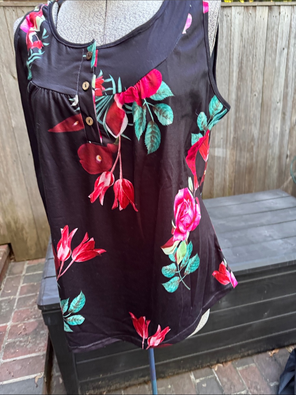 Black Floral Sleeveless tank top with Button Detail